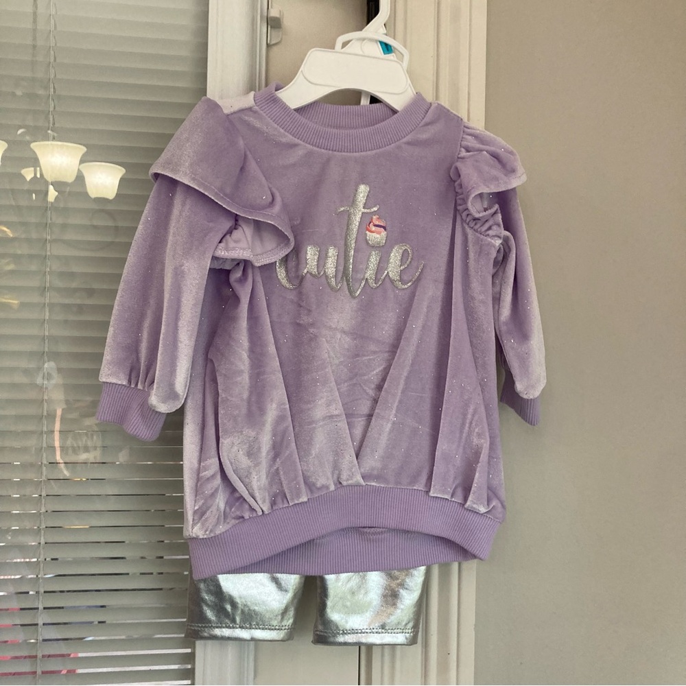 purple velvet sweatshirt CUTIE in silver with faux silver leather pants 3-6m NWT